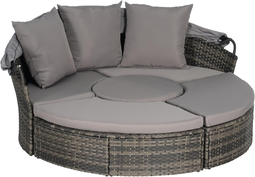 Patio Furniture Outdoor Round Daybed Bed Daybeds with Retractable Canopy, Storable Table, 3 Pillows PatioBed Sun Porch Wicker Rattan Separated Seating Sectional Sofa for Garden Poolside Dark Gray