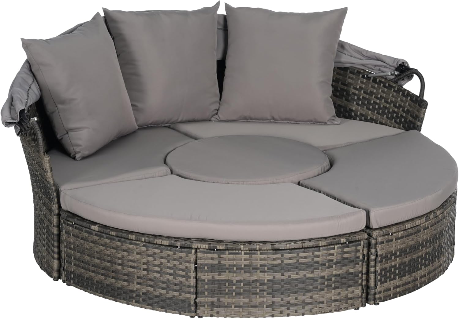 Patio Furniture Outdoor Round Daybed Bed Daybeds with Retractable Canopy, Storable Table, 3 Pillows PatioBed Sun Porch Wicker Rattan Separated Seating Sectional Sofa for Garden Poolside Dark Gray
