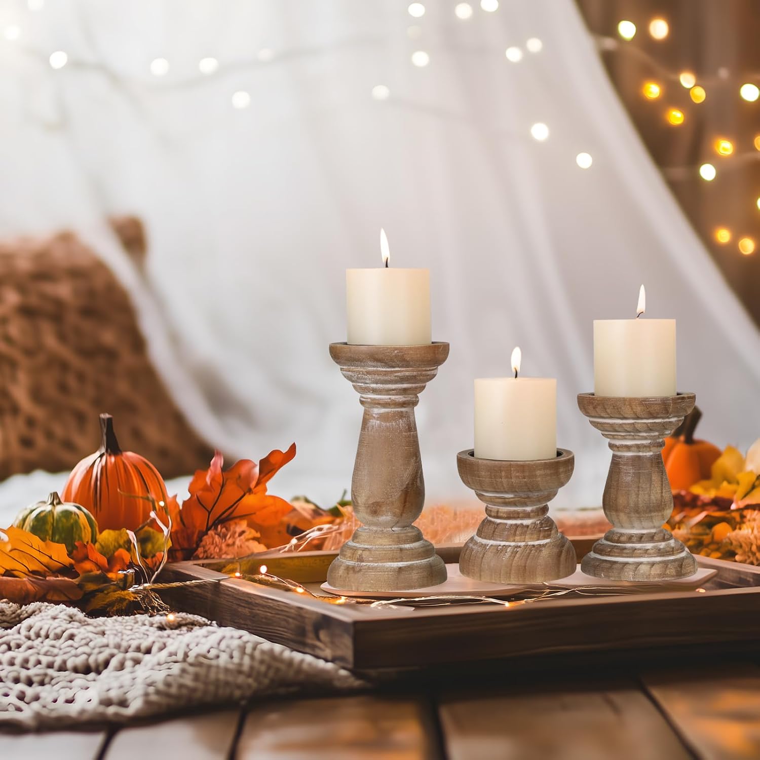 Candle Holder for Pillar Candle Set of 3, Farmhouse Wood Candle Holder, Rustic Wooden Candle Stand, Vintage Small Wooden Candlestick HoldersDecorative for Living Room, Table Centerpiece (Brown)