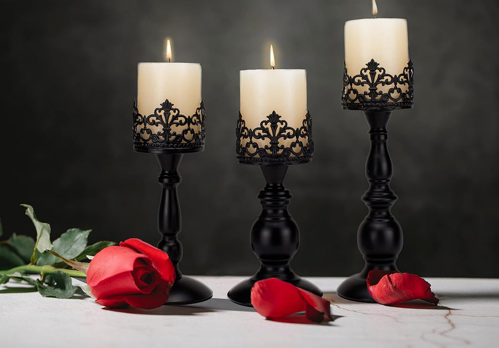 BANOMII Vintage Pillar Candle Holders for Table Centerpiece Set of 3-11'' 9'' 8'' - Matte Black Metal Candle Stands Decorative - Candle Centerpiece for Table Fireplace Decor - Gothic Candle Holder