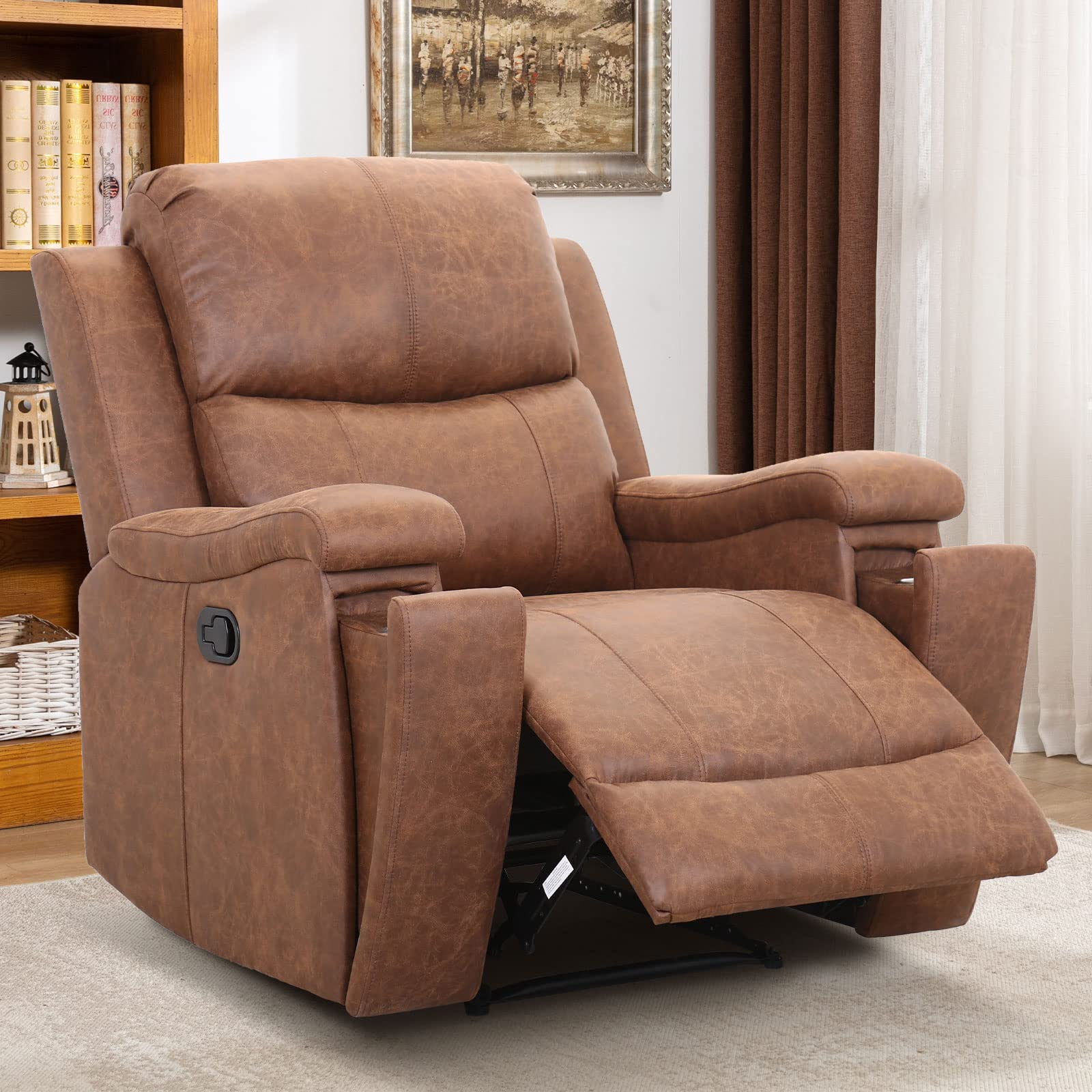 CANMOV Leather Recliner Chair, Classic and Traditional Manual Recliner Chair with Overstuffed Arms and Back, Manual Single Sofa with Concealed Cup Holders,Nut Brown