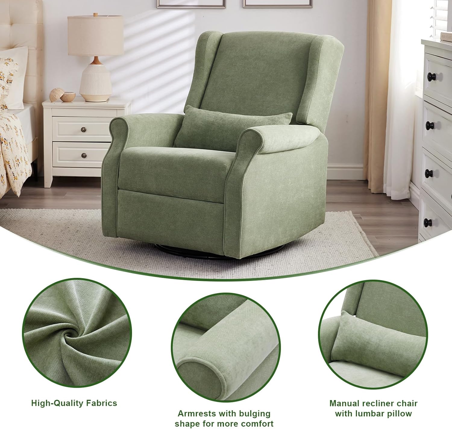 Green Nursery Swivel Glider Recliner with Footrest, Rocking Chair for Home