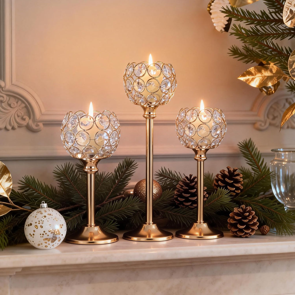 Gold Crystal Tealight Candle Holders Set of 12 (4 Sets) - Tall Bling Bowl Candelabra Centerpieces for Dining Table, Wedding, Party & Fireplace Mantel Decor