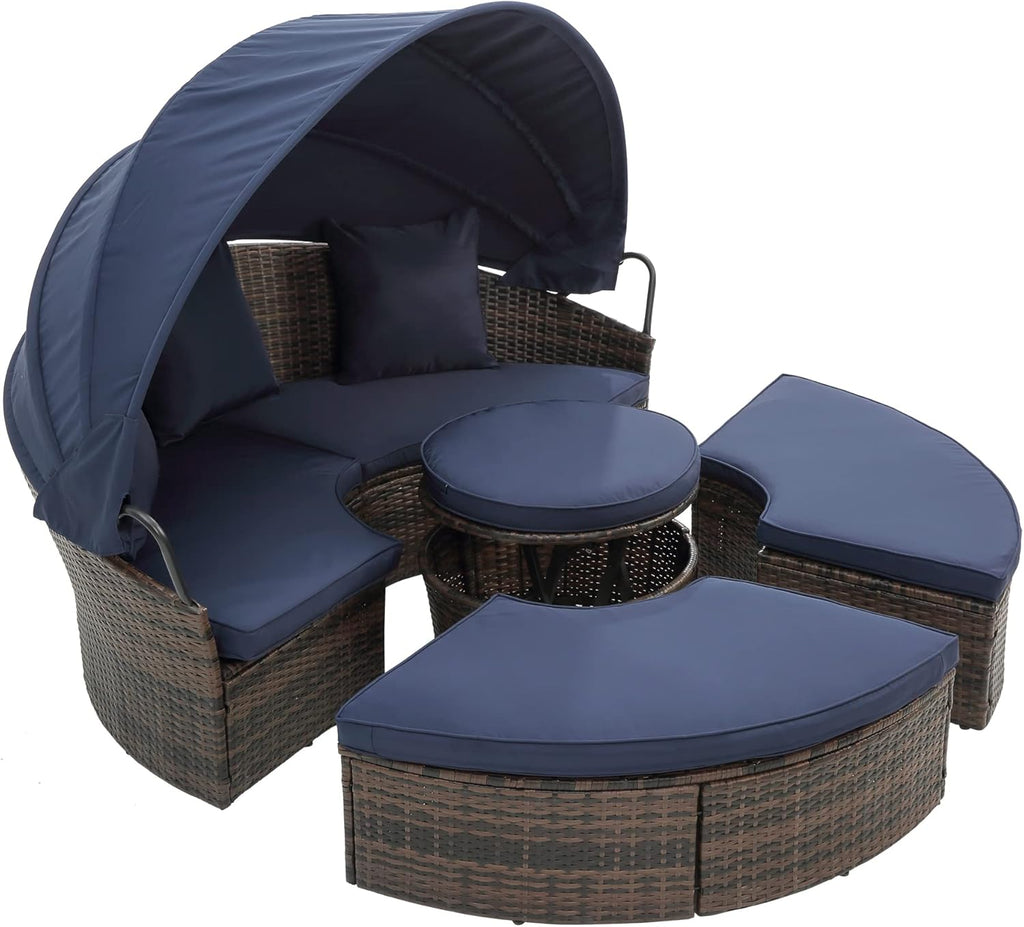 LUMISOL Outdoor Rattan Round Daybed with Canopy, Wicker Outdoor Sofa Bed with Lift Coffee Table, Sun Daybed Lounge for Balcony Garden Backyard Porch Pool, Outdoor Canopy Bed, Navy Blue