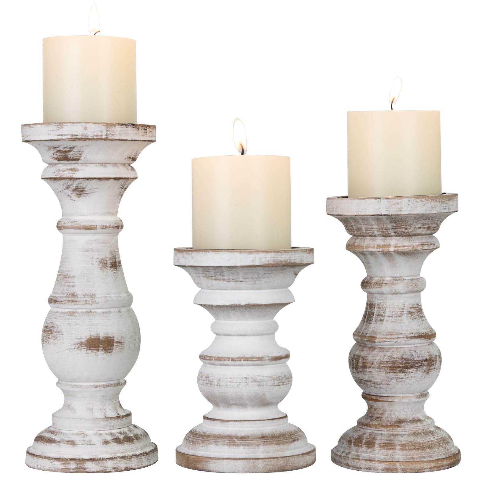 Candle Holder for Pillar Candle Set of 3, Farmhouse Wood Candle Holder, Rustic Wooden Candle Stand, Vintage Small Wooden Candlestick HoldersDecorative for Living Room, Table Centerpiece (Brown)