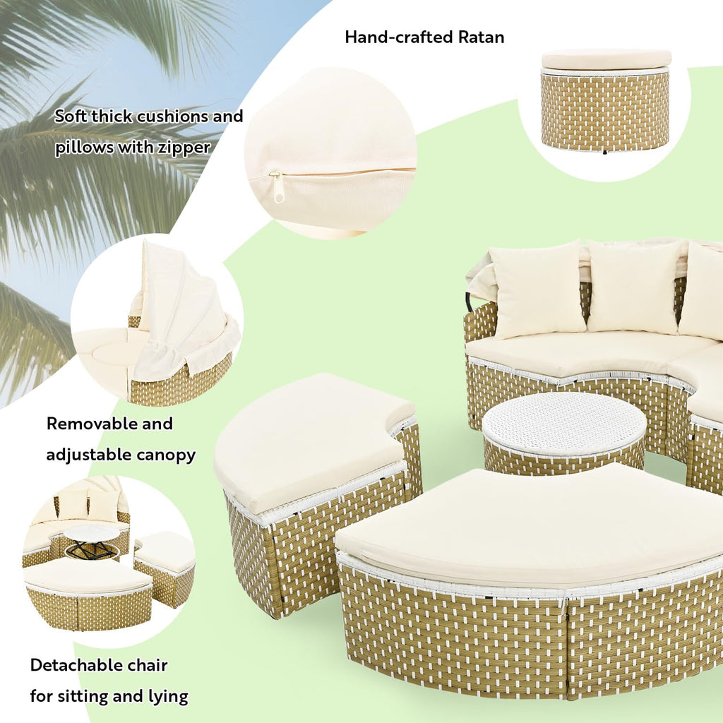 SoarFlash Outdoor Patio Canopy Bed, Round Daybed with Washable Cushions, Clamshell Sectional Seating Wicker Furniture with Retractable Canopy for Lawn Garden Backyard Porch Pool (Beige)