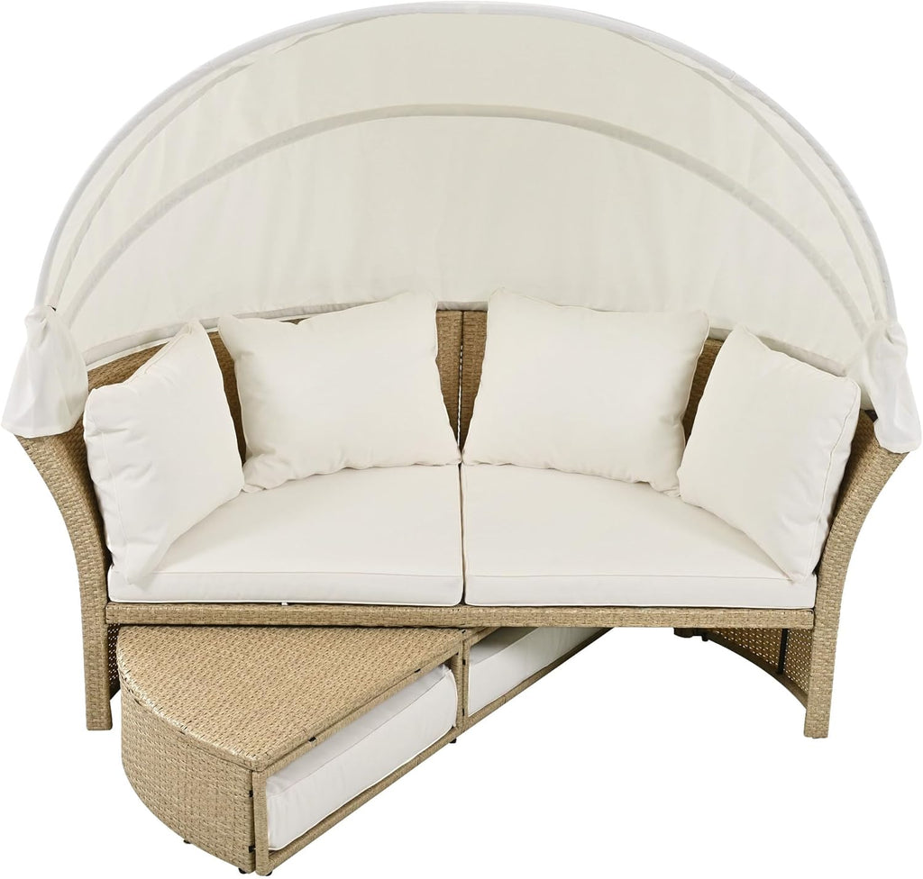 WILLIAMSPACE Round Outdoor Daybed Patio Sunbed with Retractable Canopy, Convertible Wicker Rattan Double Daybed Sofa with Waterproof Cushions & Pillows for Garden Backyard Porch (Beige)