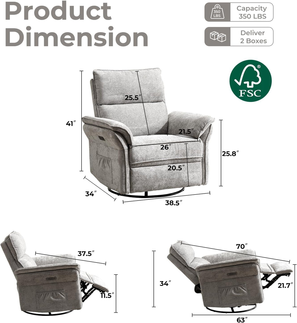 Oversized Power Recliner Chair Swivel Glider with Massage and Heat, Rocker Nursery Recliner for Adults with Adjustable Headrest, 26" Extra Wide Nursery Chair with Overstuffed Armrest,Light Grey