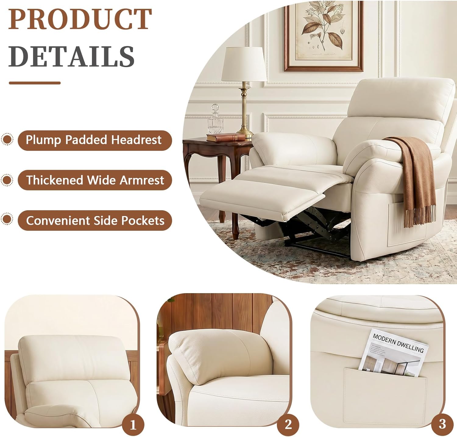 AIRSKY Genuine Leather Recliner Chair, The Recliner Chairs for Adults Made from Top-Grain Leather, Cold-Region Larch Wood Theater Seating, Bedroom, R1,Beige/Orangish Yellow (Beige, 22.8")