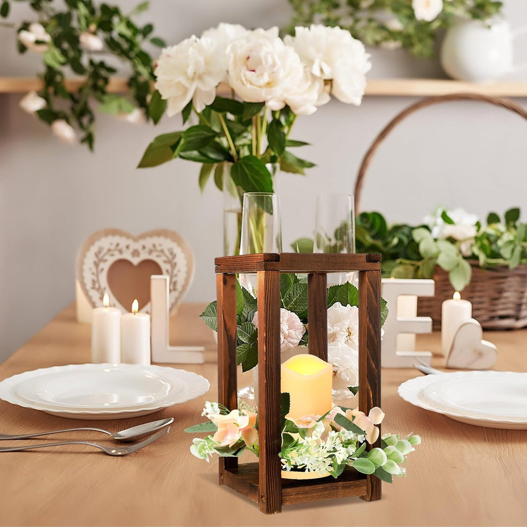 Hushee 30 Pcs Wooden Wedding Lantern Centerpiece Integrated Holders with Candles and Wreaths Rustic Wooden Candle Lantern Decor for Wedding Party Table Valentine Decor (Brown)