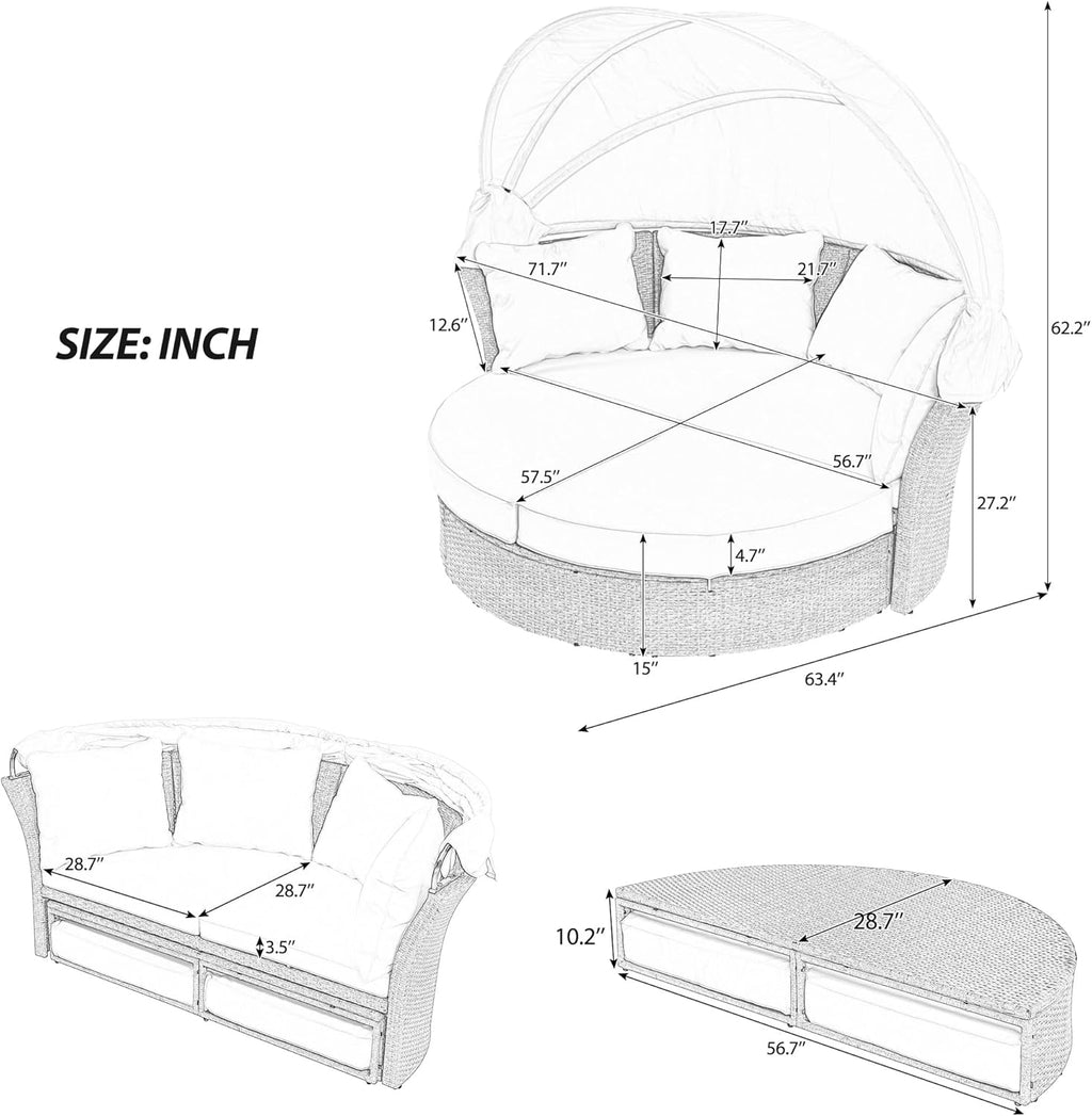 WILLIAMSPACE Round Outdoor Daybed Patio Sunbed with Retractable Canopy, Convertible Wicker Rattan Double Daybed Sofa with Waterproof Cushions & Pillows for Garden Backyard Porch (Beige)