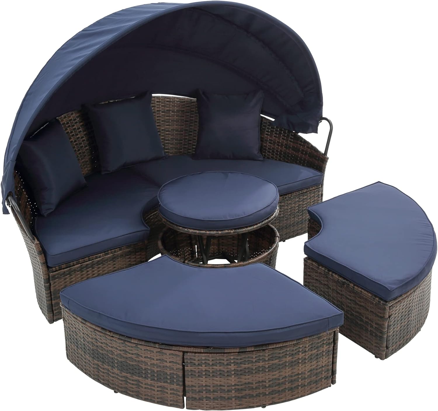 Patio Daybed Outdoor with Canopy, KD Rattan Round Sofa with Thick Cushions Throw Pillows Coffee Table All Weather Wicker Furniture Set for Pool Side Garden Outdoor (Navy Blue)
