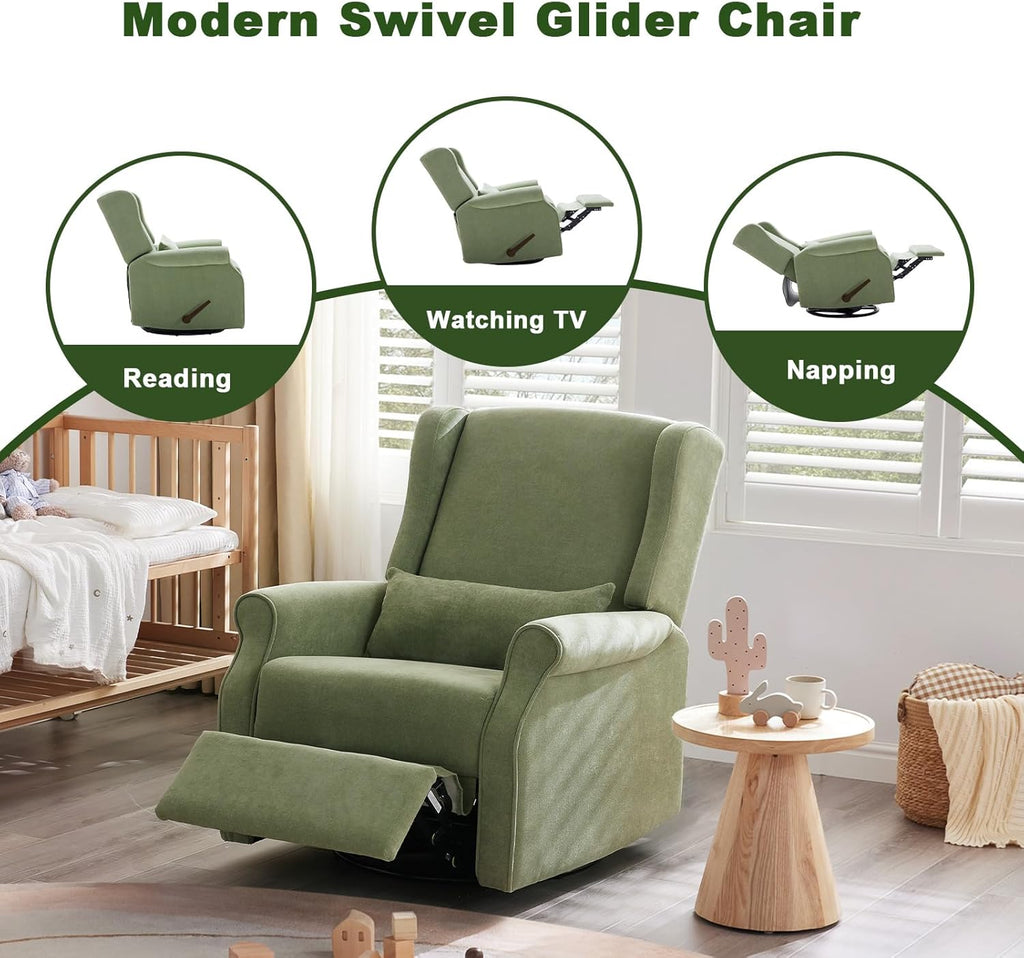 Green Nursery Swivel Glider Recliner with Footrest, Rocking Chair for Home