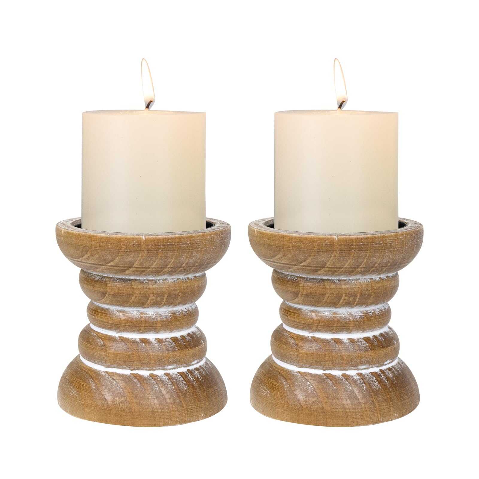 Candle Holder for Pillar Candle Set of 3, Farmhouse Wood Candle Holder, Rustic Wooden Candle Stand, Vintage Small Wooden Candlestick HoldersDecorative for Living Room, Table Centerpiece (Brown)