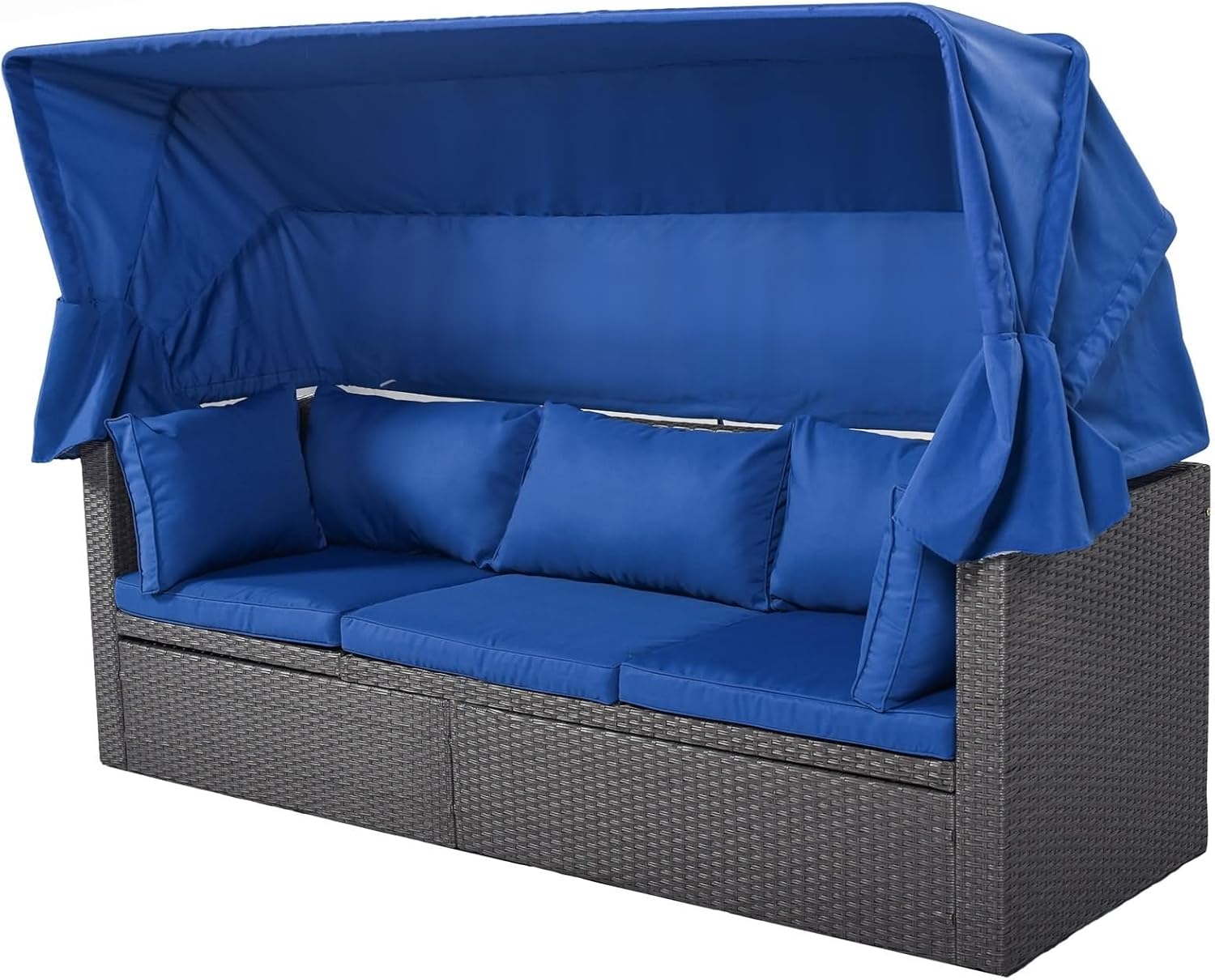 4 Pieces Outdoor Patio Daybed with Canopy, Patio Furniture for Men Blue Rattan with Washable Cushions