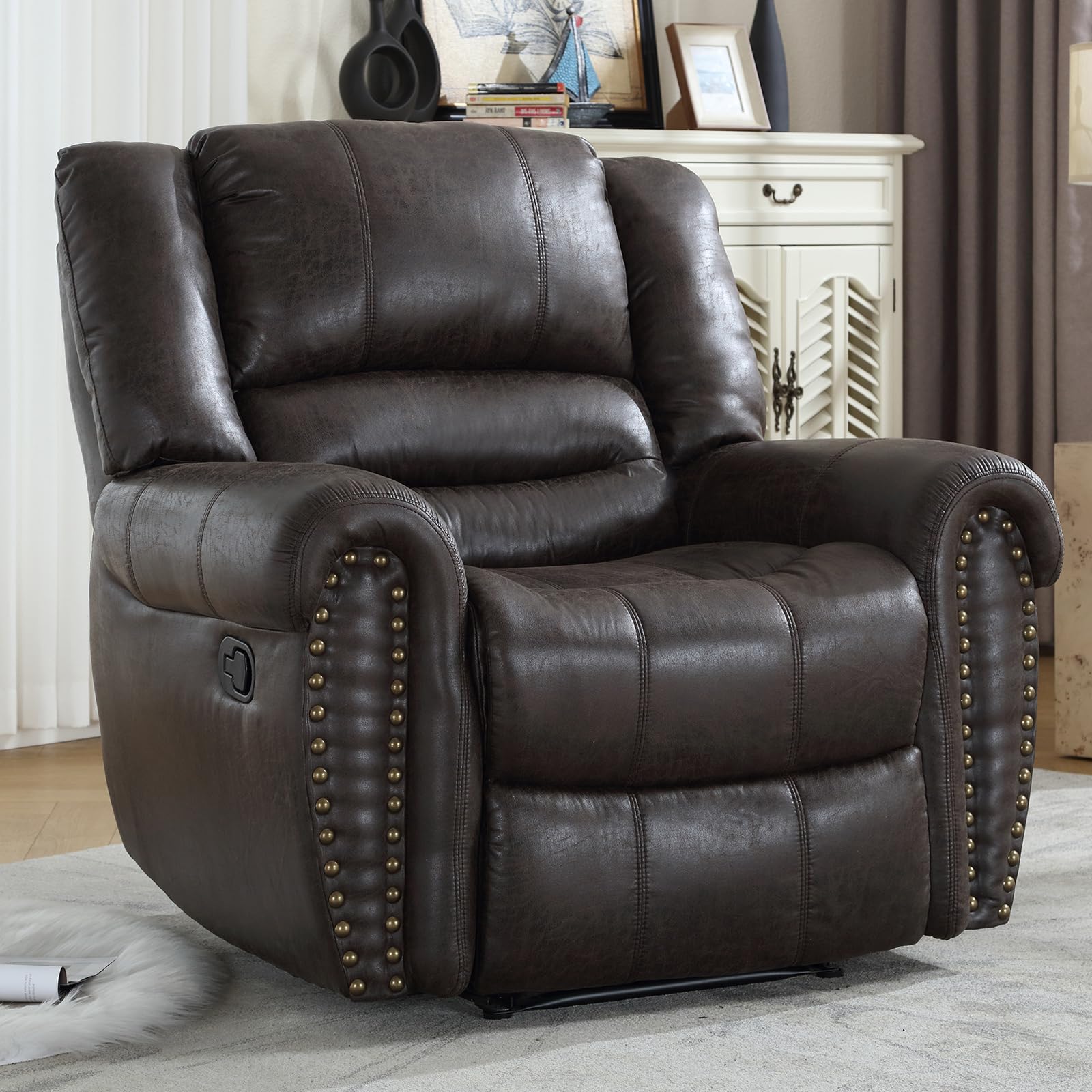 CANMOV Leather Recliner Chair, Classic and Traditional Manual Recliner Chair with Comfortable Arms and Back Single Sofa for Living Room, Nut Brown