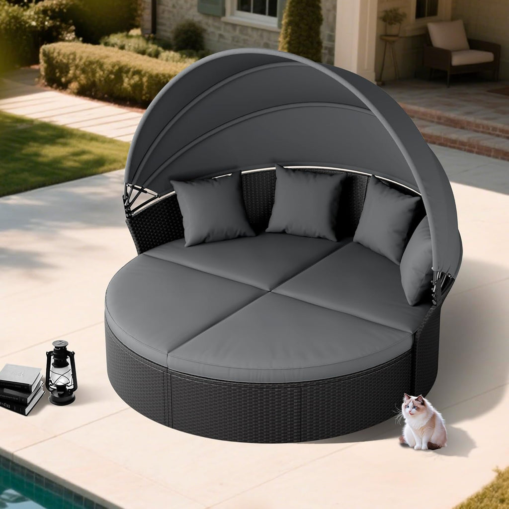 SUNCROWN Outdoor Patio Round Daybed with Retractable Canopy, Wicker Furniture Clamshell Sectional Seating with Washable Cushions, Backyard,Porch,Poolside,Deck, Black