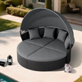 SUNCROWN Outdoor Patio Round Daybed with Retractable Canopy, Wicker Furniture Clamshell Sectional Seating with Washable Cushions, Backyard,Porch,Poolside,Deck, Black