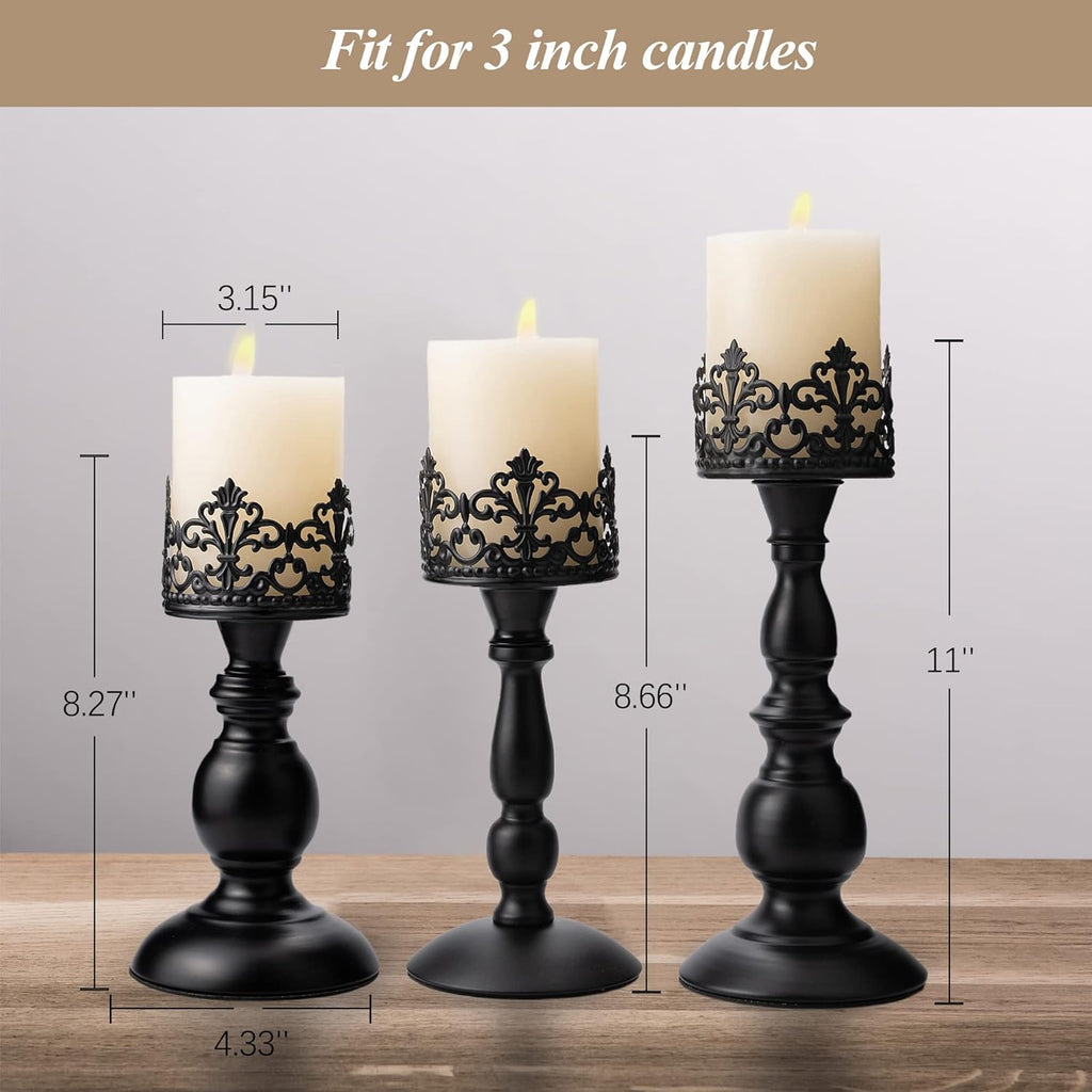 BANOMII Vintage Pillar Candle Holders for Table Centerpiece Set of 3-11'' 9'' 8'' - Matte Black Metal Candle Stands Decorative - Candle Centerpiece for Table Fireplace Decor - Gothic Candle Holder