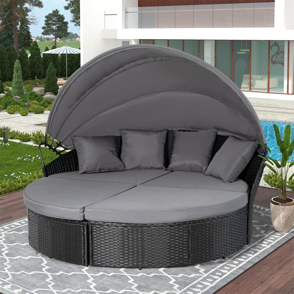 SUNCROWN Outdoor Patio Round Daybed with Retractable Canopy, Wicker Furniture Clamshell Sectional Seating with Washable Cushions, Backyard,Porch,Poolside,Deck, Black