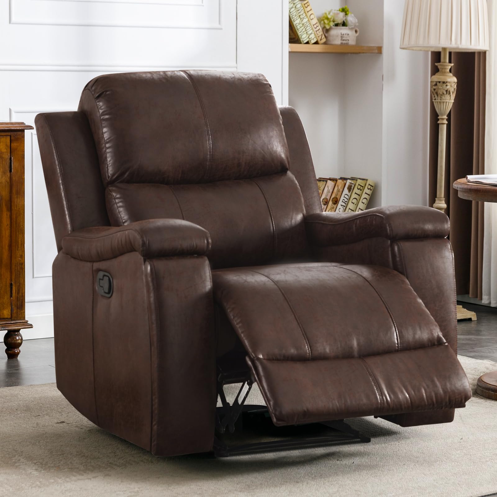 CANMOV Leather Recliner Chair, Classic and Traditional Manual Recliner Chair with Overstuffed Arms and Back, Manual Single Sofa with Concealed Cup Holders,Nut Brown