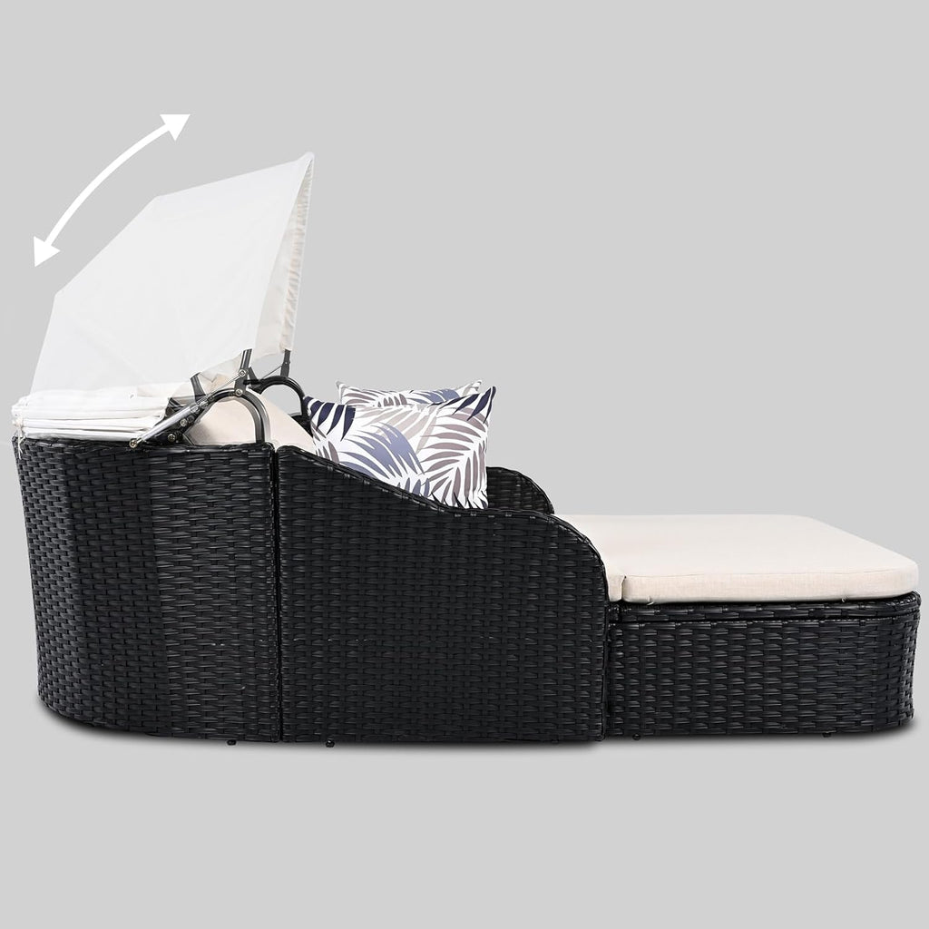 2-Person Wicker Chaise Lounge with Canopy & Pillows, Beige&Black, Outdoor Patio Sunbed