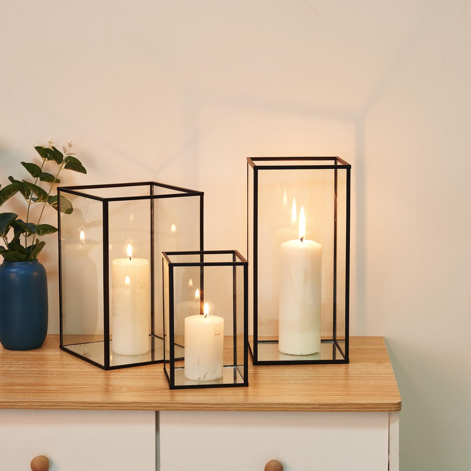 PHOSPHOR Glass Hurricane Candle Holder Set of 3 PCS Black Hurricane Candleholders for Wedding Party Holiday Birthday Home Decor Lanter