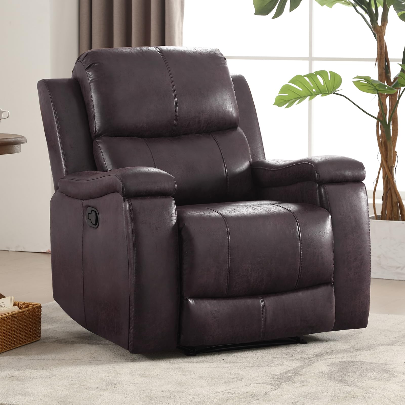 CANMOV Leather Recliner Chair, Classic and Traditional Manual Recliner Chair with Overstuffed Arms and Back, Manual Single Sofa with Concealed Cup Holders,Nut Brown