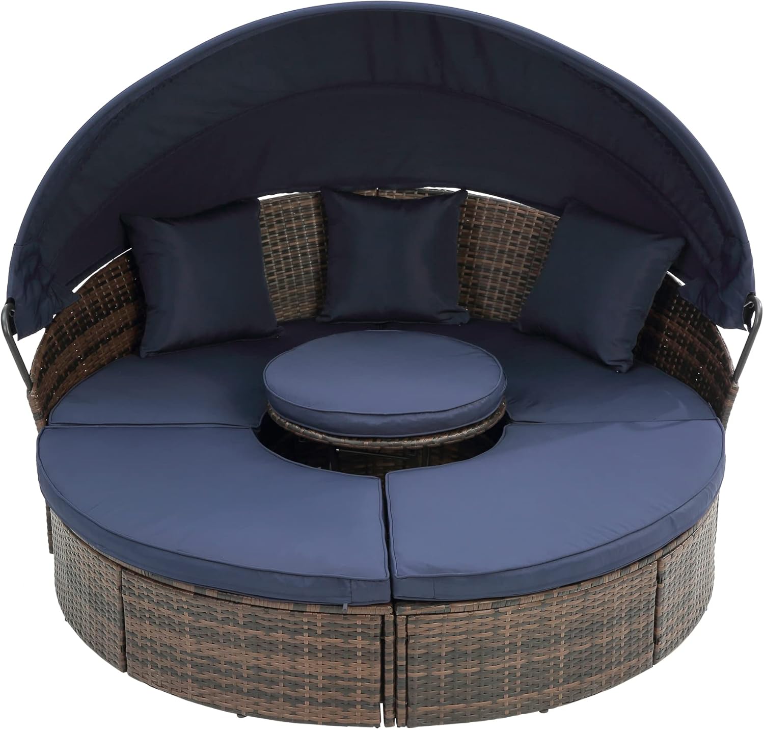 Patio Daybed Outdoor with Canopy, KD Rattan Round Sofa with Thick Cushions Throw Pillows Coffee Table All Weather Wicker Furniture Set for Pool Side Garden Outdoor (Navy Blue)