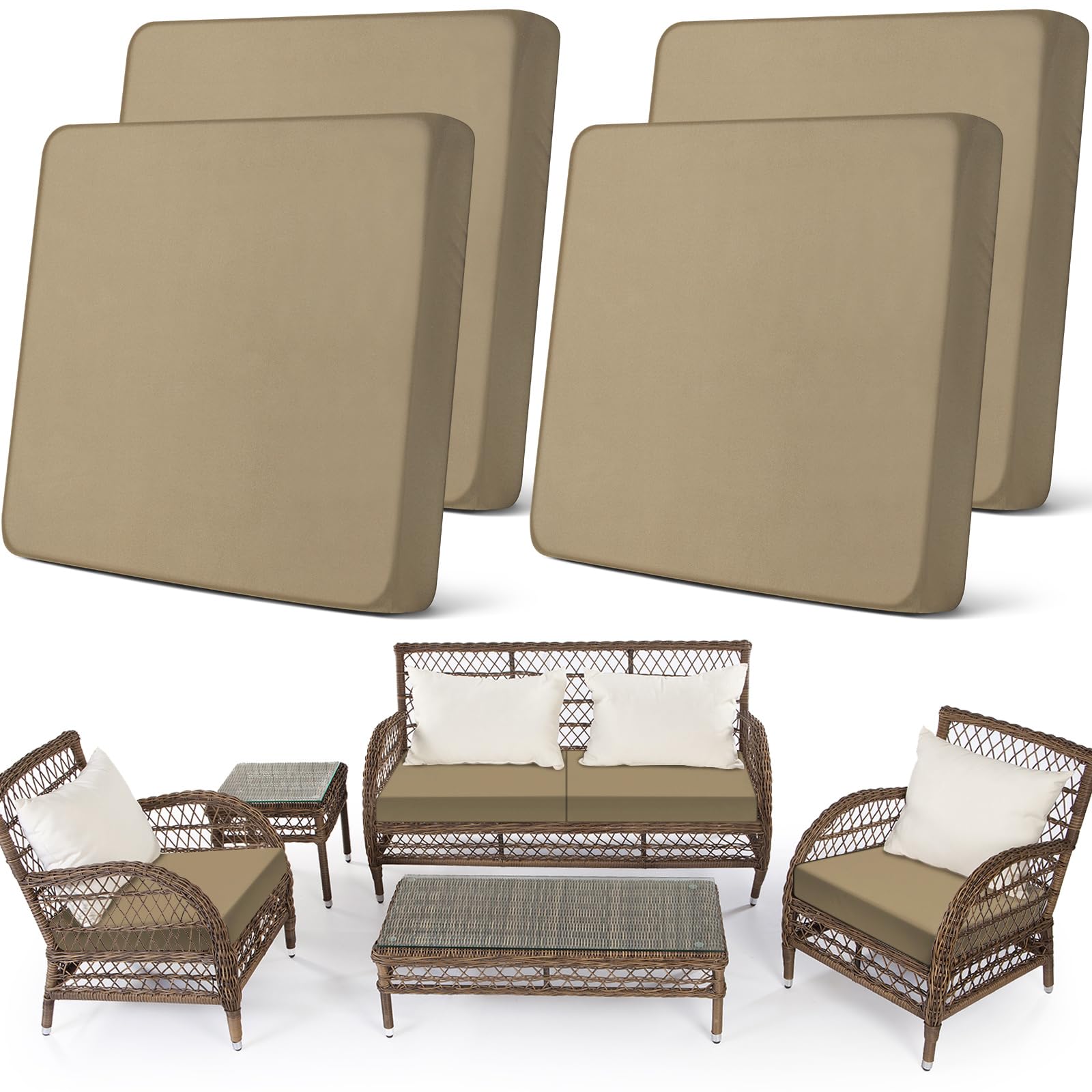 Newwiee Set of 4 Stretch Patio Cushion Covers Sofa Couch Seat Chair Slipcovers Cushion Cover Replacement Furniture Protector for Pets Washable(Beige,Seat Cover,Solid)
