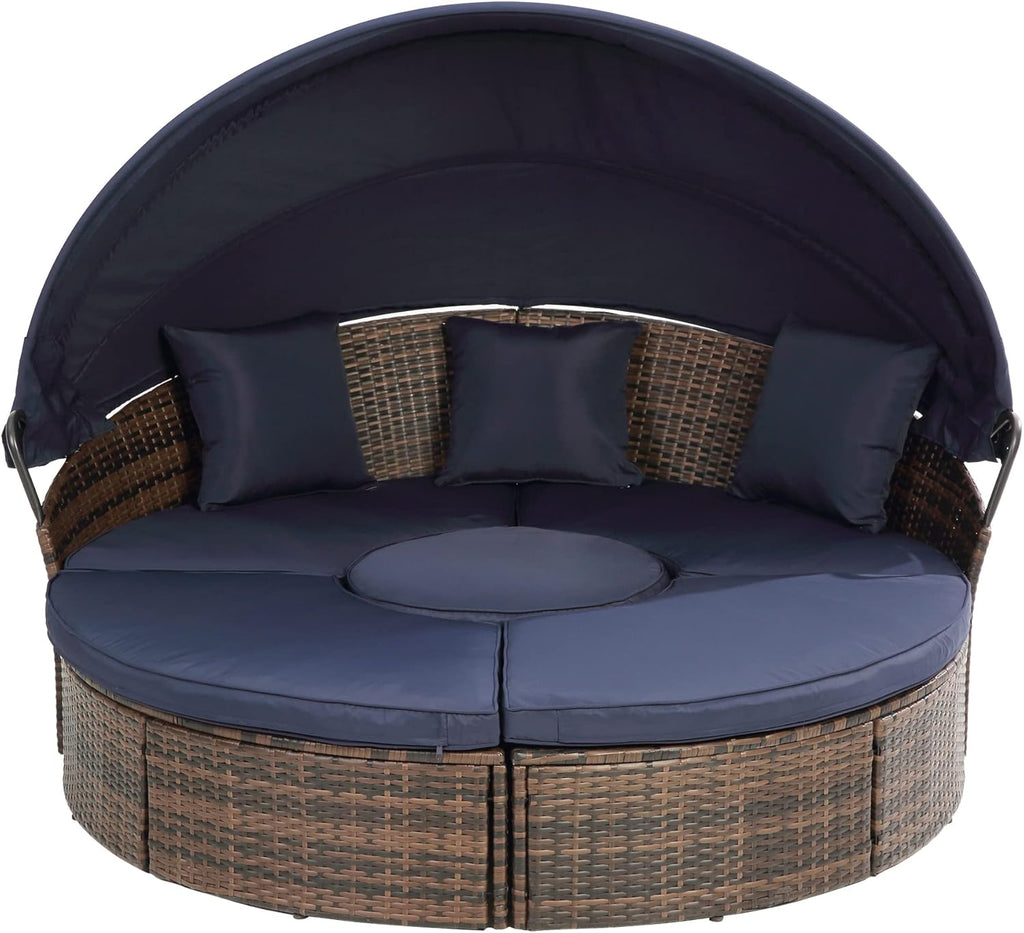 Patio Daybed Outdoor with Canopy, KD Rattan Round Sofa with Thick Cushions Throw Pillows Coffee Table All Weather Wicker Furniture Set for Pool Side Garden Outdoor (Navy Blue)