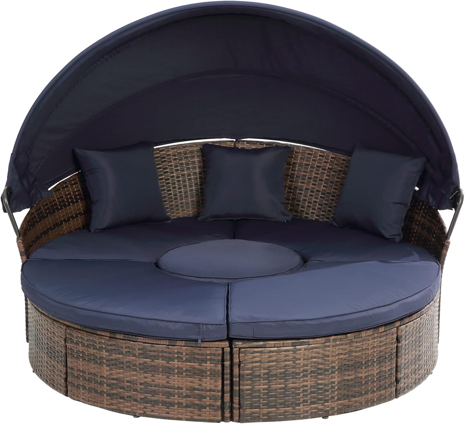 Patio Daybed Outdoor with Canopy, KD Rattan Round Sofa with Thick Cushions Throw Pillows Coffee Table All Weather Wicker Furniture Set for Pool Side Garden Outdoor (Navy Blue)