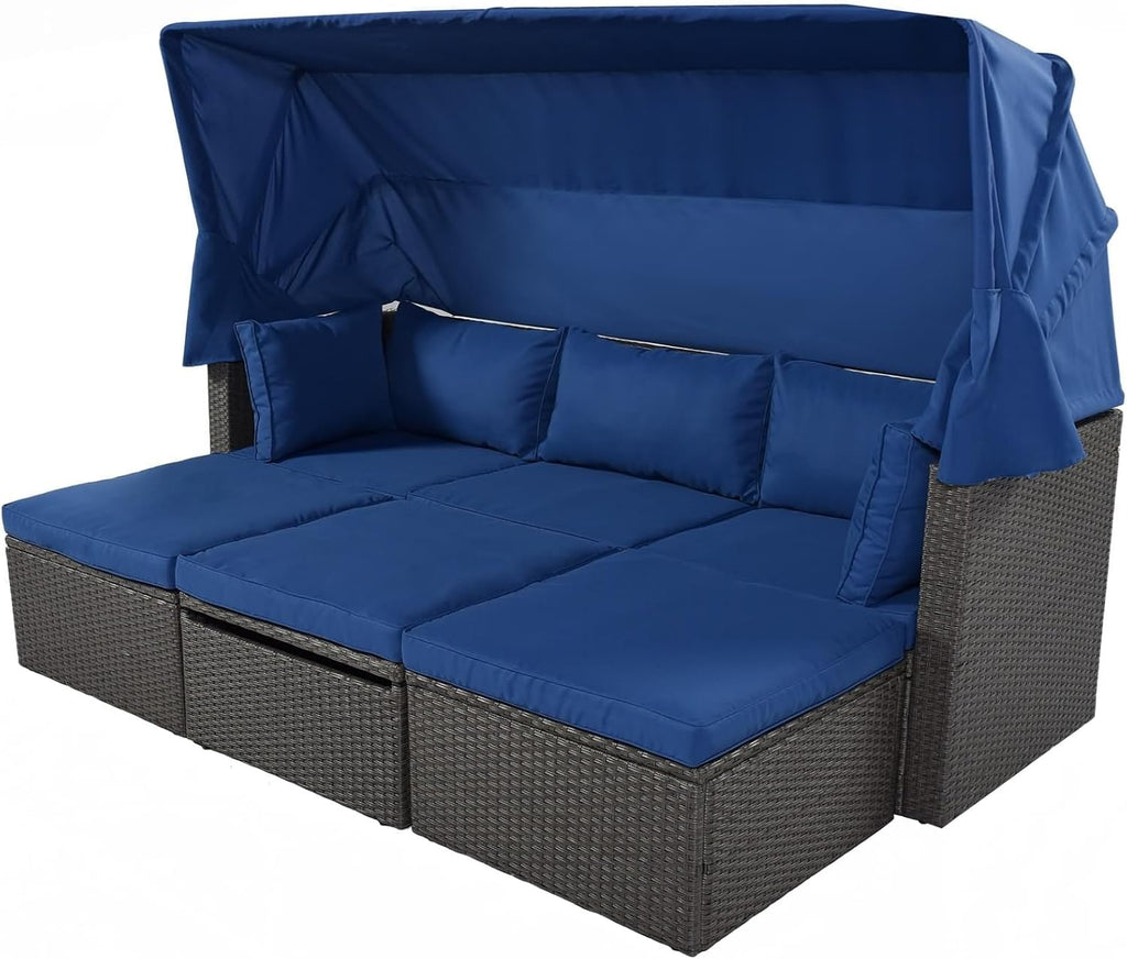 4 Pieces Outdoor Patio Daybed with Canopy, Patio Furniture for Men Blue Rattan with Washable Cushions