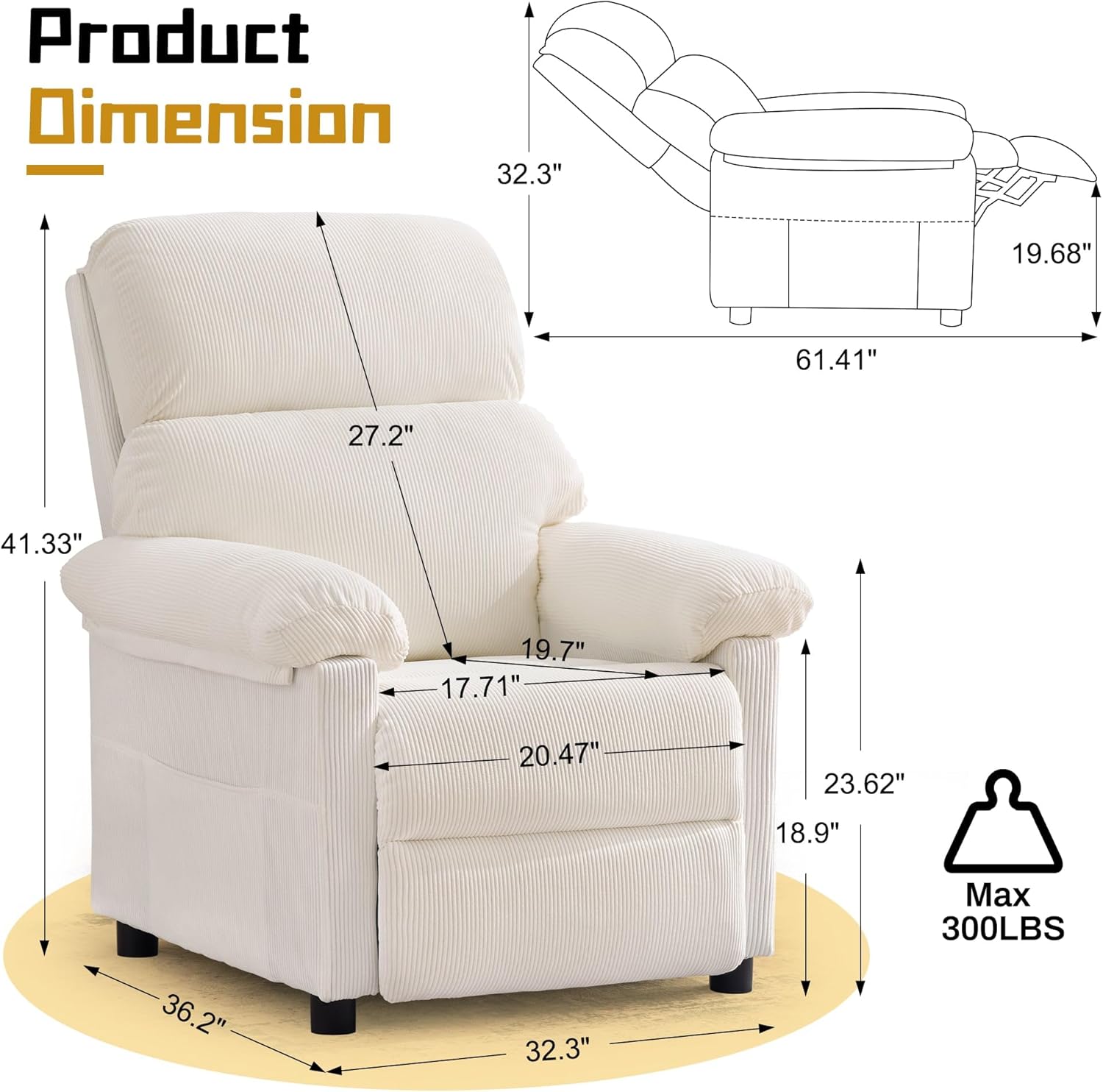 Korser Recliner Chair, Living Room Recliner Chairs for Adults, Small Recliners for Small Spaces, Upholstered Manual Reading Chair with Side Pockets, Nursery Chair for Living Room, Corduroy, Beige