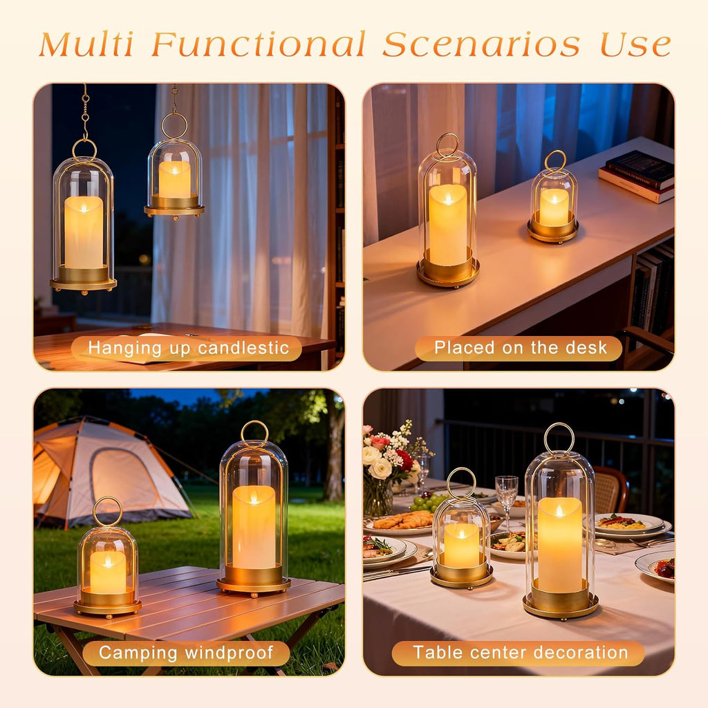 Fohil 5" & 4" Hurricane Glass Candle Holders, Set of 2 Metal Candle Holder with Handmade Sturdy Glass Dome, Candle Lantern for Pillar Candles, Plants, Table Centerpiece, Home Decor