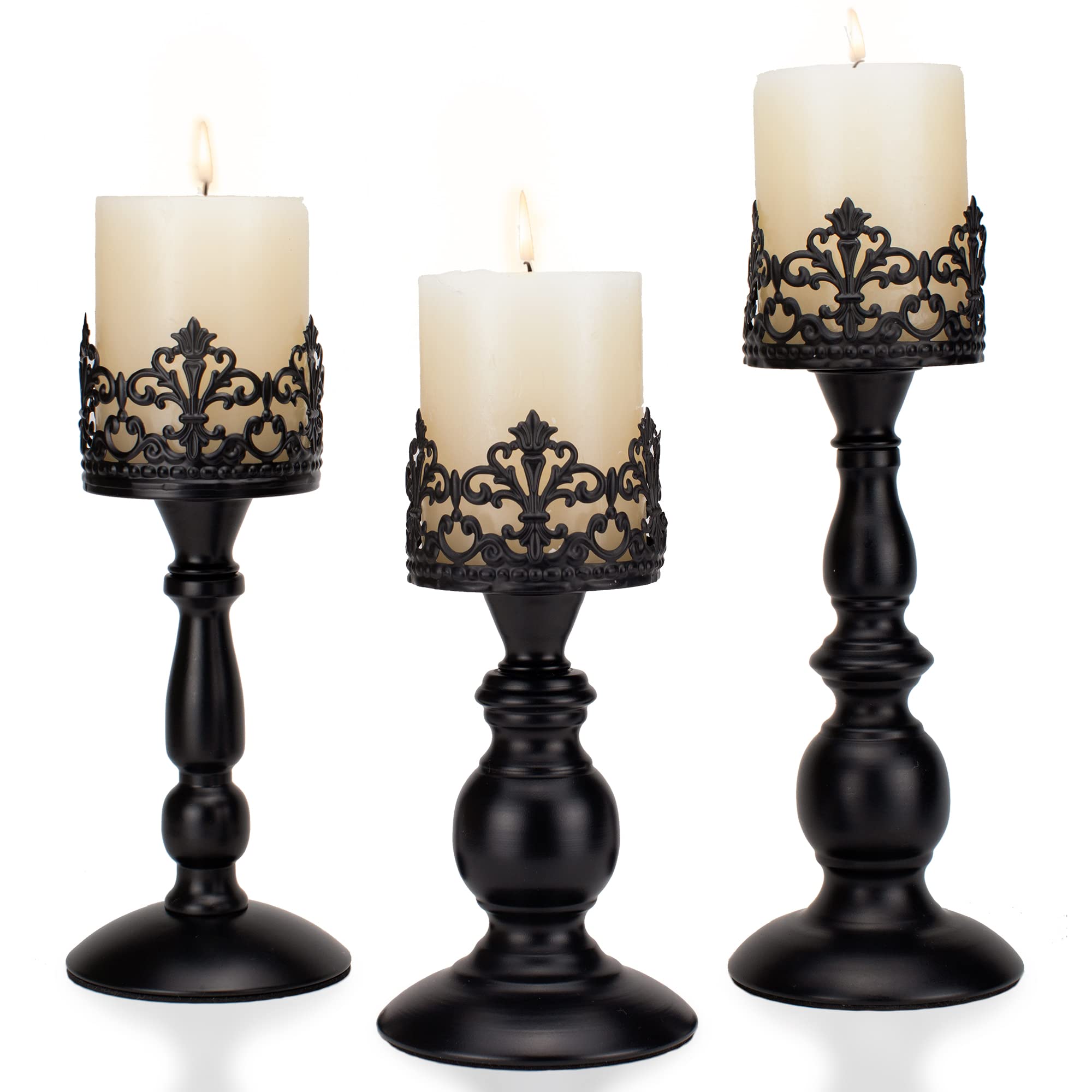 BANOMII Vintage Pillar Candle Holders for Table Centerpiece Set of 3-11'' 9'' 8'' - Matte Black Metal Candle Stands Decorative - Candle Centerpiece for Table Fireplace Decor - Gothic Candle Holder
