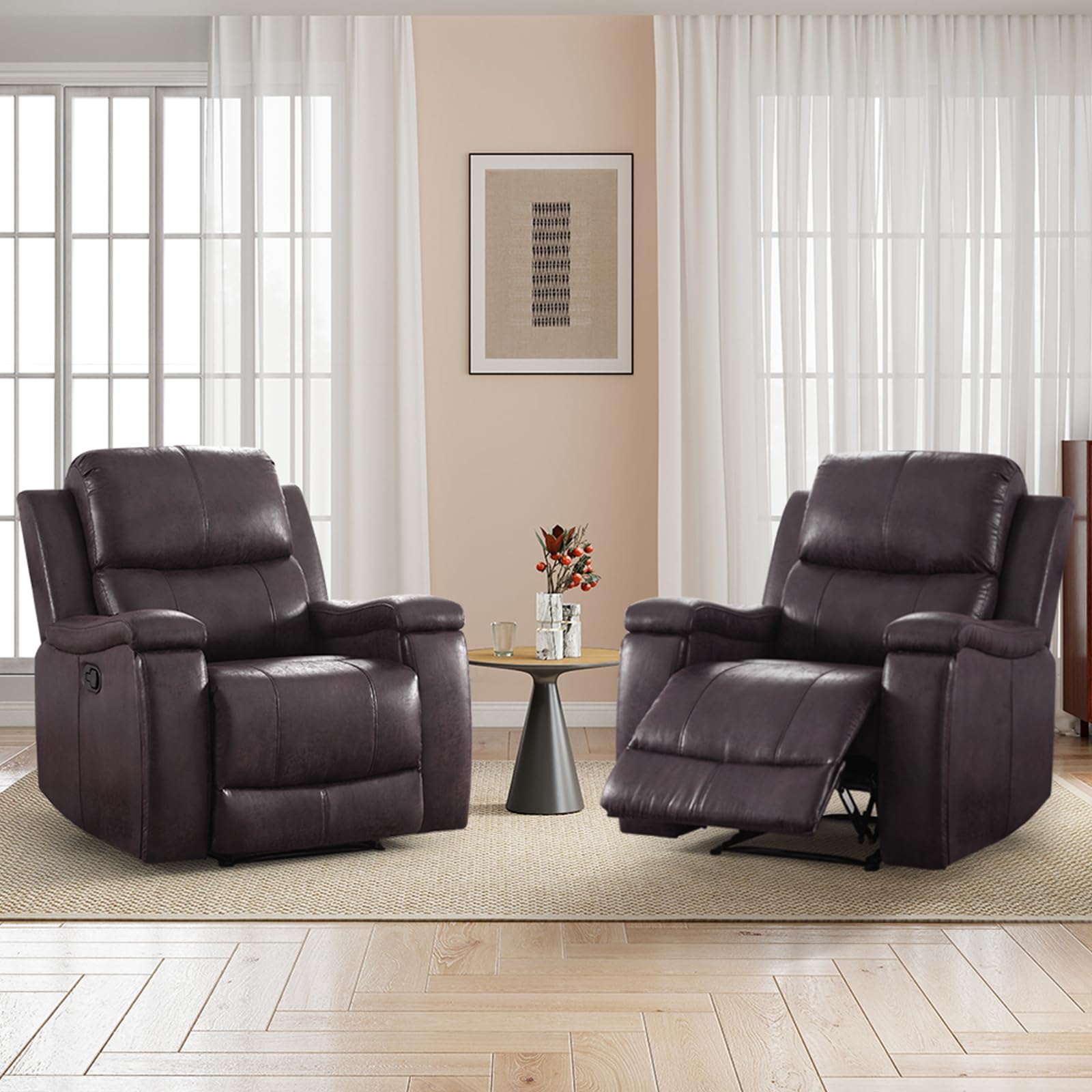 CANMOV Leather Recliner Chair, Classic and Traditional Manual Recliner Chair with Overstuffed Arms and Back, Manual Single Sofa with Concealed Cup Holders,Nut Brown