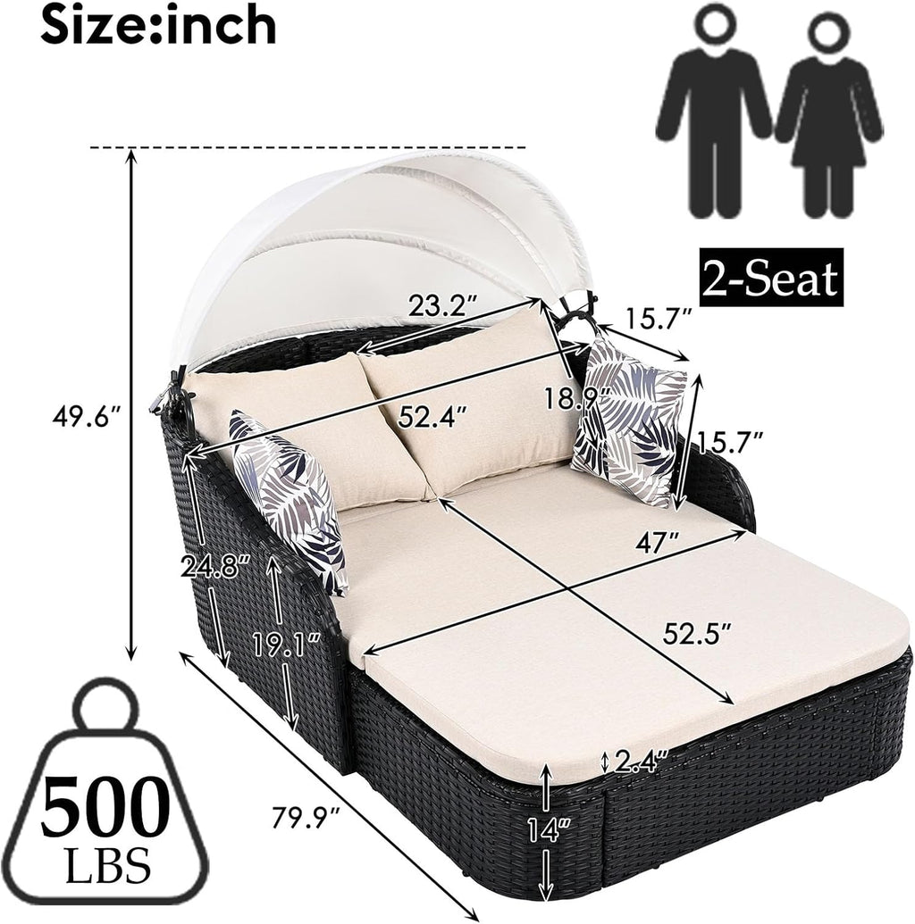 Anwick Outdoor Daybed with Adjustable Canopy, Double Chaise Lounge, PE Wicker Rattan Sunbed with Cushions & Pillows, Patio Loveseat for Backyard Balcony Poolside (Beige+Black)