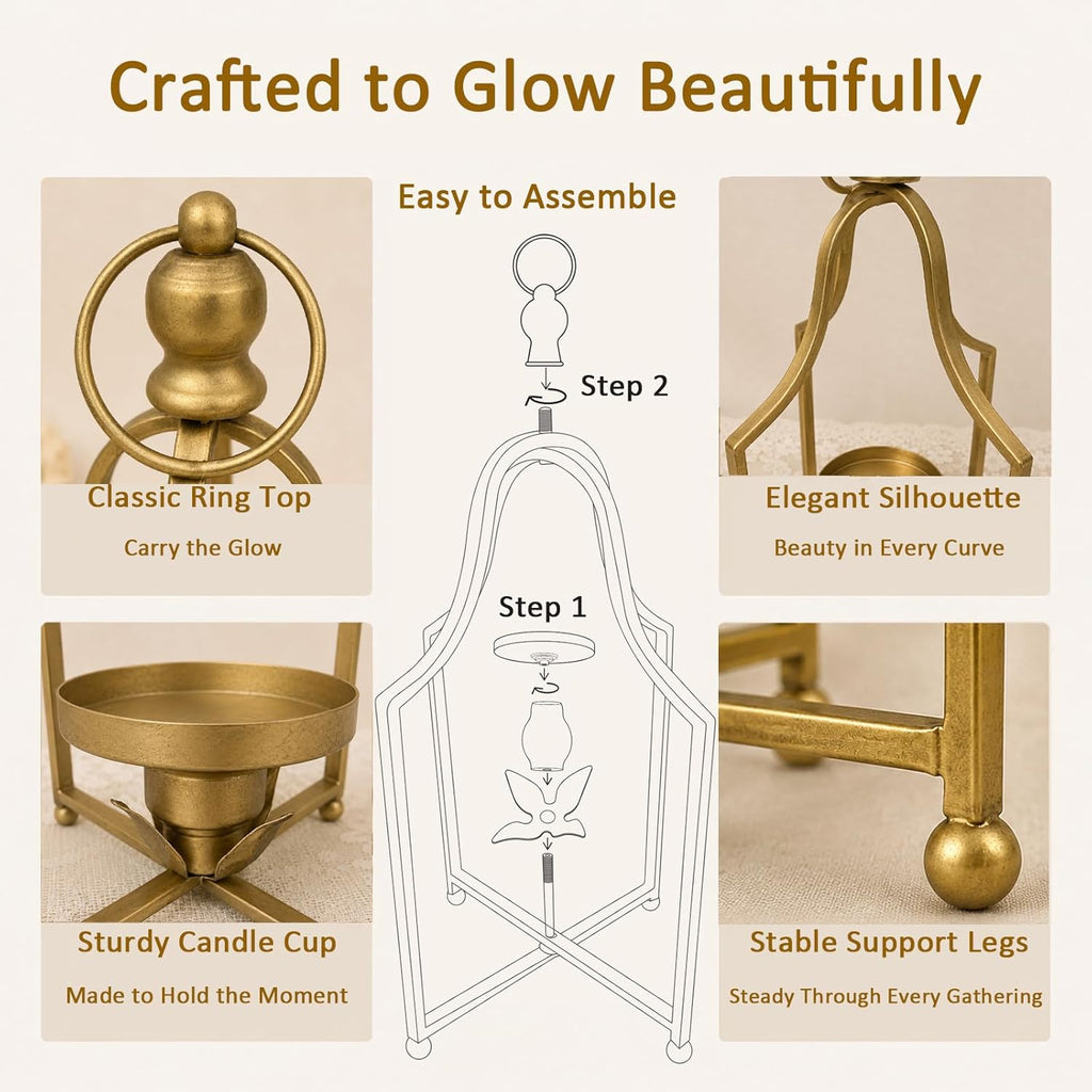 2Pcs Antique Gold Metal Lantern Candle Holders, 12.5" & 16.5" Farmhouse Decor