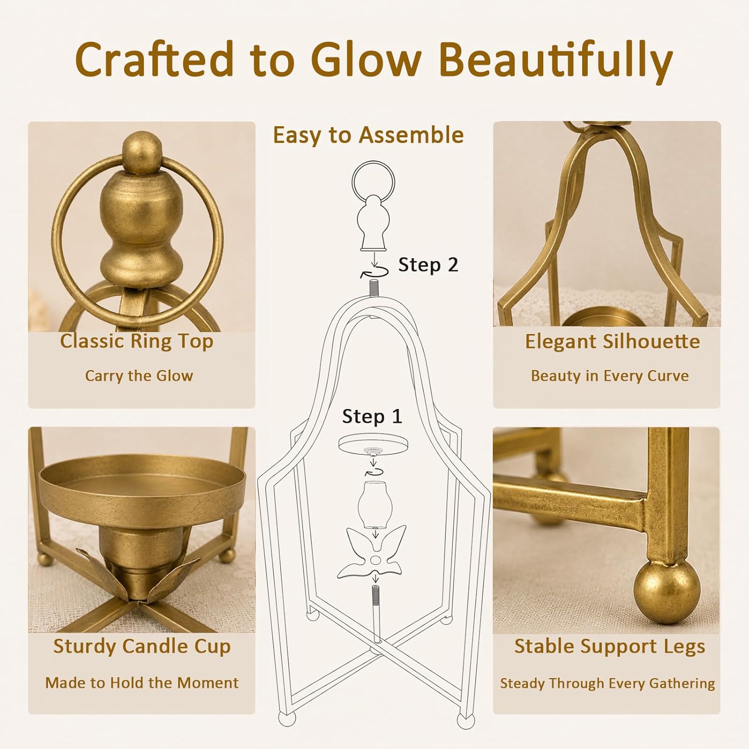 2Pcs Antique Gold Metal Lantern Candle Holders, 12.5" & 16.5" Farmhouse Decor