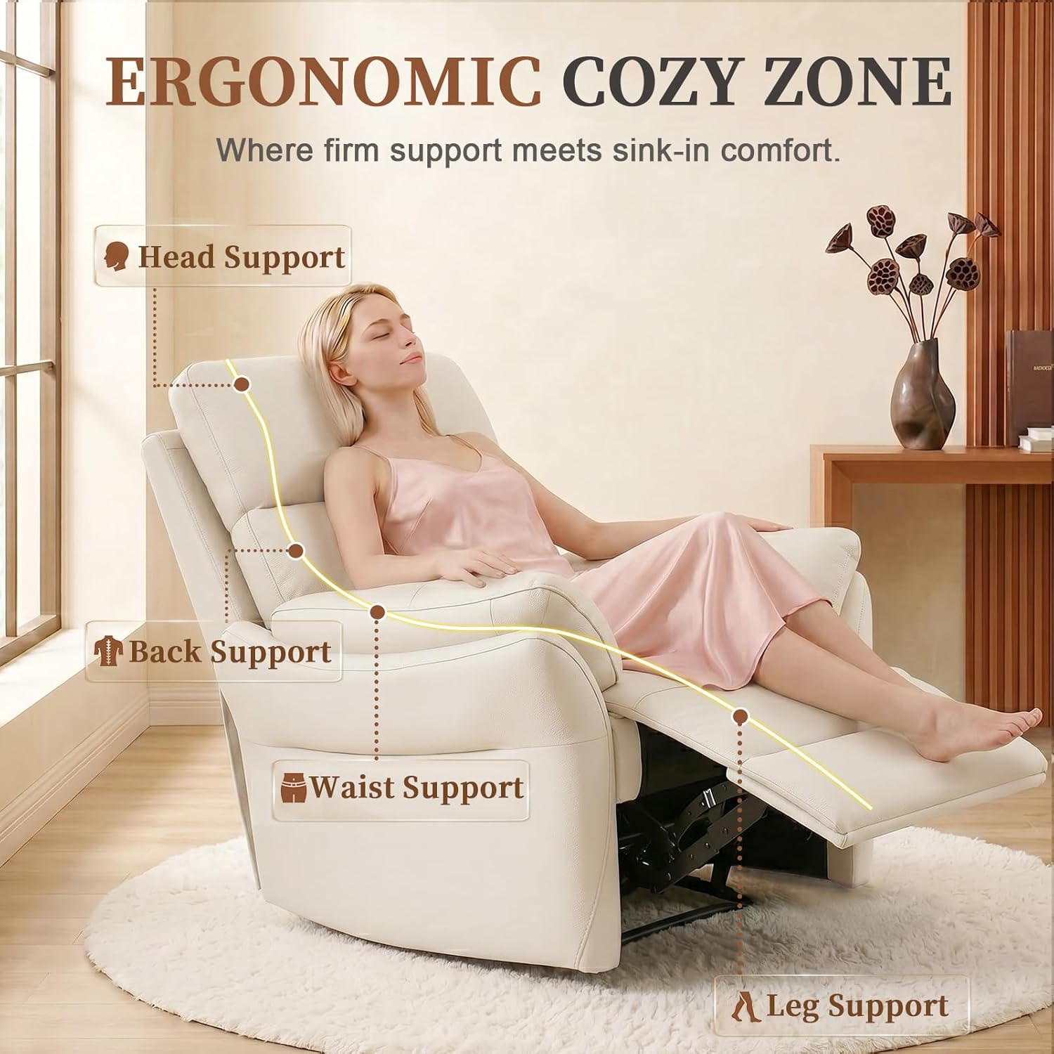 AIRSKY Genuine Leather Recliner Chair, The Recliner Chairs for Adults Made from Top-Grain Leather, Cold-Region Larch Wood Theater Seating, Bedroom, R1,Beige/Orangish Yellow (Beige, 22.8")