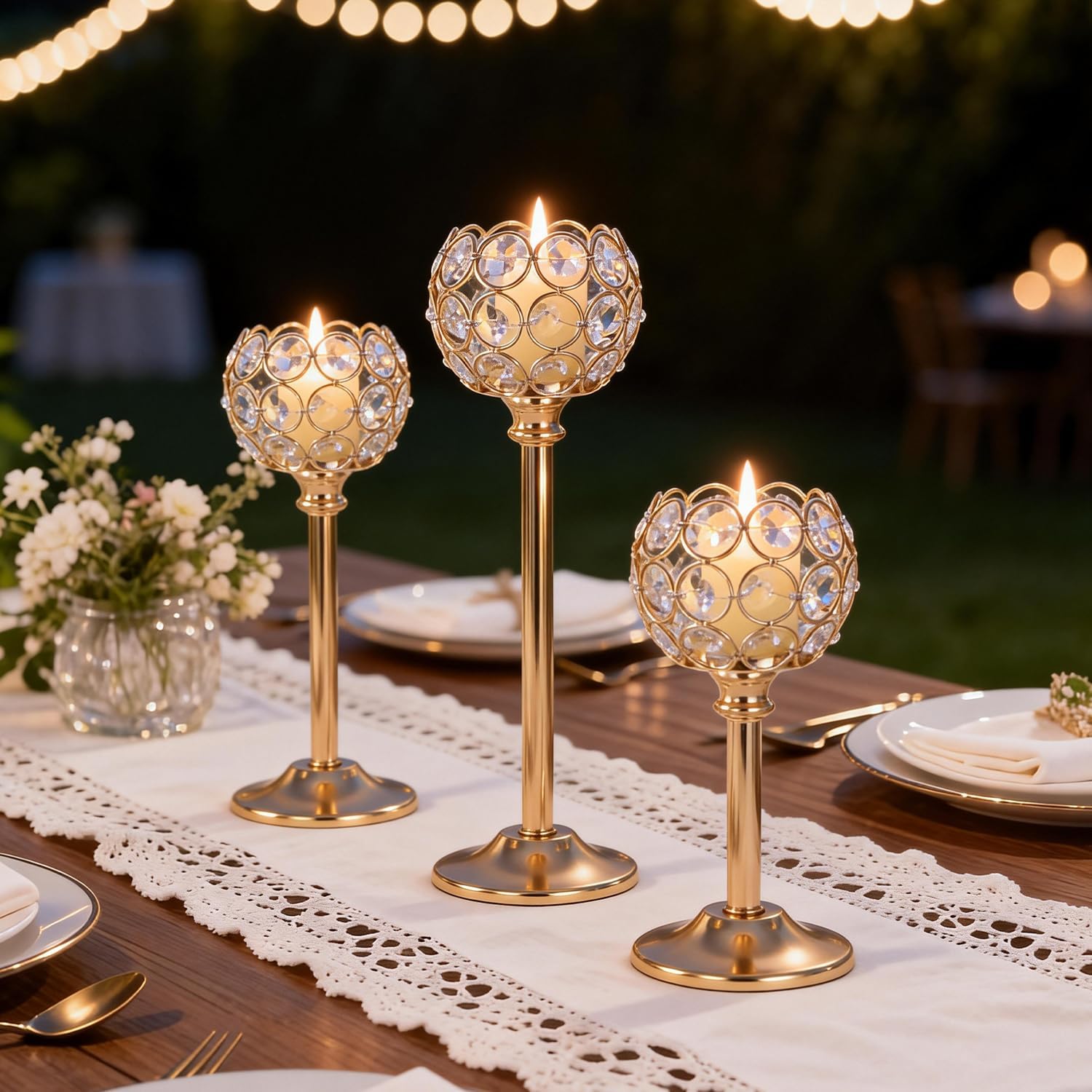 Gold Crystal Tealight Candle Holders Set of 12 (4 Sets) - Tall Bling Bowl Candelabra Centerpieces for Dining Table, Wedding, Party & Fireplace Mantel Decor
