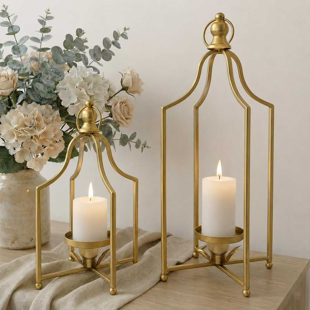 2Pcs Antique Gold Metal Lantern Candle Holders, 12.5" & 16.5" Farmhouse Decor