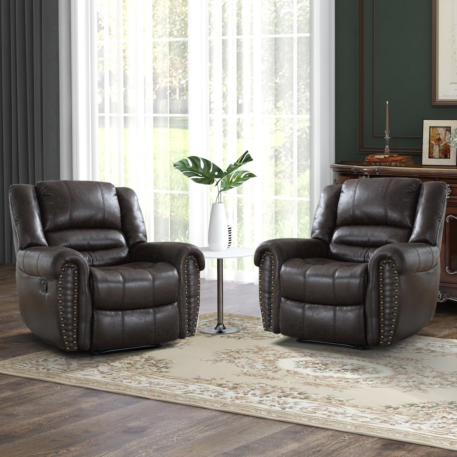 CANMOV Leather Recliner Chair, Classic and Traditional Manual Recliner Chair with Comfortable Arms and Back Single Sofa for Living Room, Nut Brown