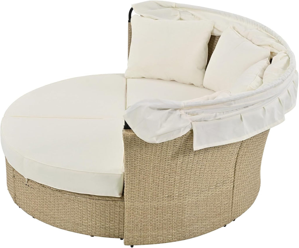 WILLIAMSPACE Round Outdoor Daybed Patio Sunbed with Retractable Canopy, Convertible Wicker Rattan Double Daybed Sofa with Waterproof Cushions & Pillows for Garden Backyard Porch (Beige)