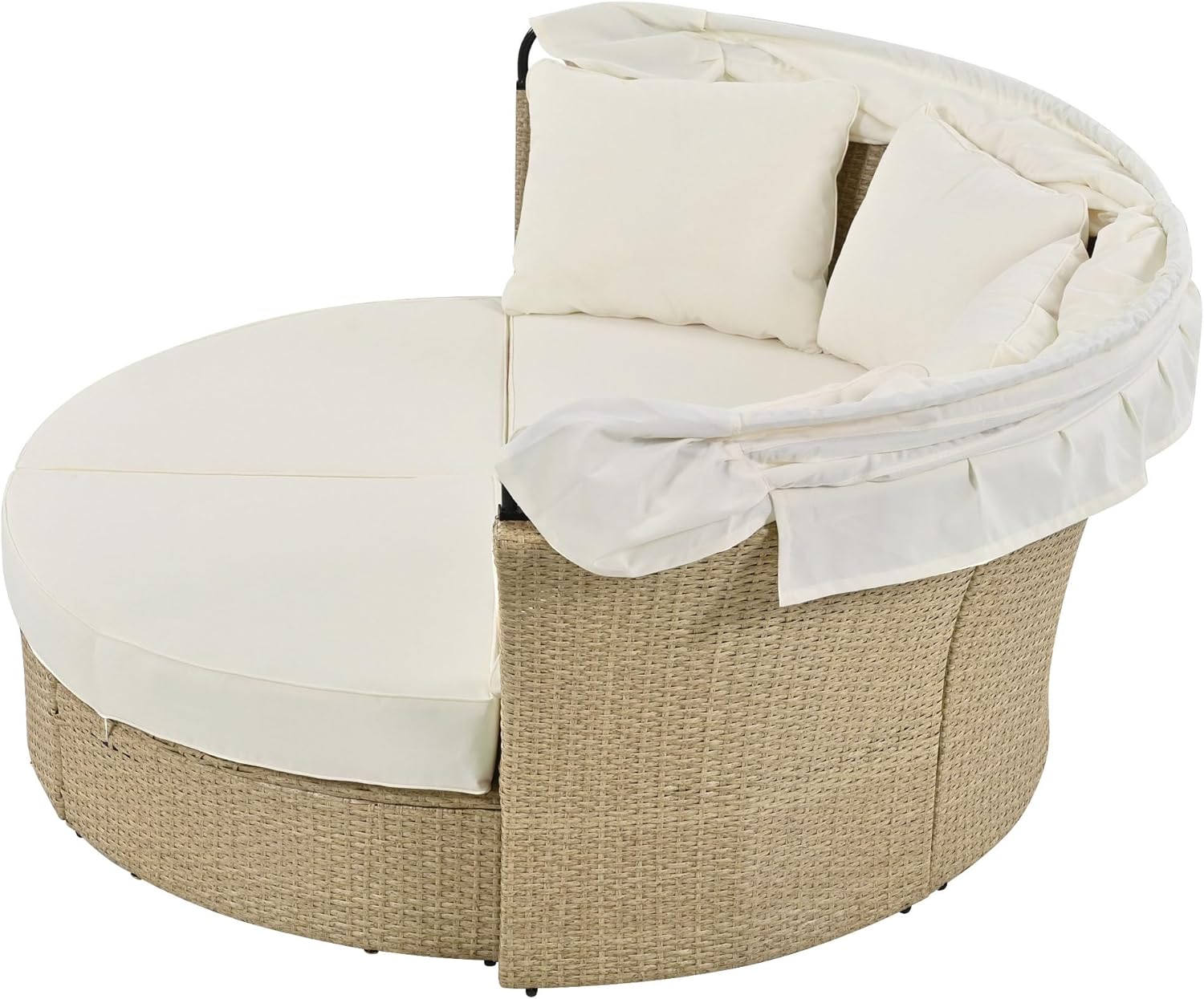 WILLIAMSPACE Round Outdoor Daybed Patio Sunbed with Retractable Canopy, Convertible Wicker Rattan Double Daybed Sofa with Waterproof Cushions & Pillows for Garden Backyard Porch (Beige)