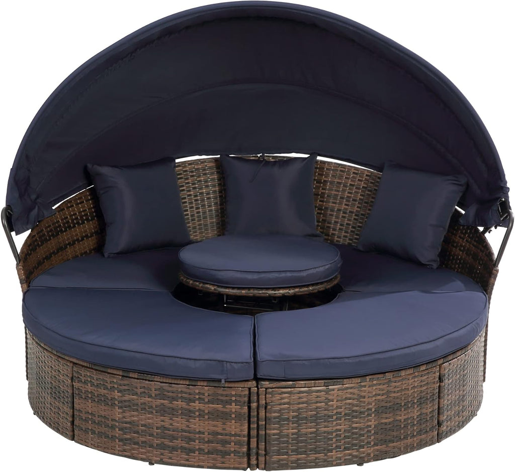LUMISOL Outdoor Rattan Round Daybed with Canopy, Wicker Outdoor Sofa Bed with Lift Coffee Table, Sun Daybed Lounge for Balcony Garden Backyard Porch Pool, Outdoor Canopy Bed, Navy Blue