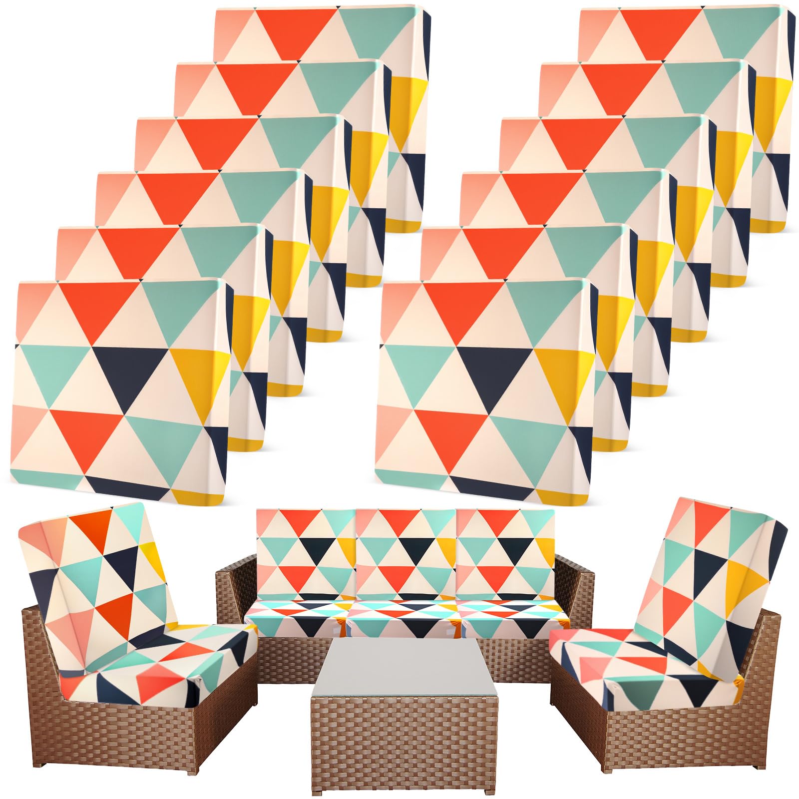Newwiee 12 Pcs Patio Cushion Covers Outdoor Stretch Sofa Couch Cover Replacement Couch Slipcover Sofa Seat Chair Porch Patio Furniture Protector, Flexibility Washable(Colorful,Palm Leaf)