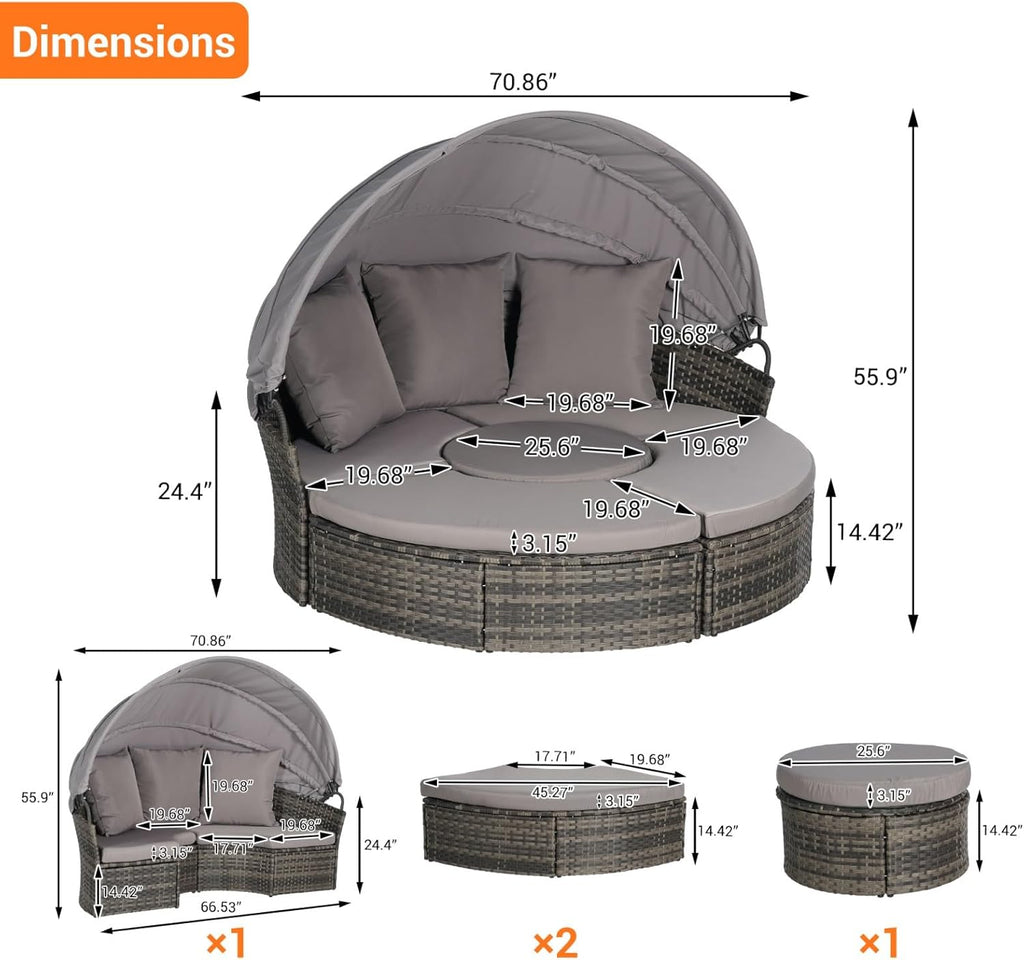 Patio Furniture Outdoor Round Daybed Bed Daybeds with Retractable Canopy, Storable Table, 3 Pillows PatioBed Sun Porch Wicker Rattan Separated Seating Sectional Sofa for Garden Poolside Dark Gray