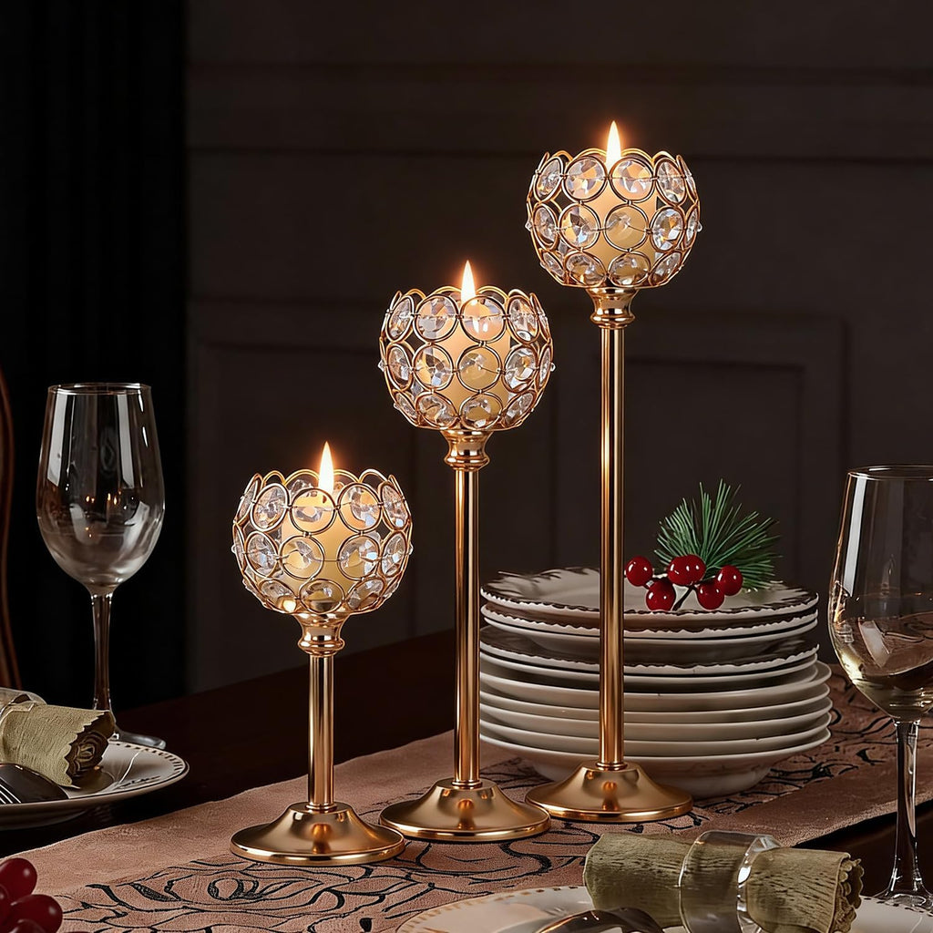 Gold Crystal Tealight Candle Holders Set of 12 (4 Sets) - Tall Bling Bowl Candelabra Centerpieces for Dining Table, Wedding, Party & Fireplace Mantel Decor